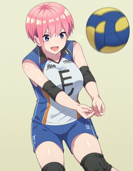 score_9, score_8_up, score_7_up, source_anime, <lora:ichika-nakano-s2-ponyxl-lora-nochekaiser:1>, ichika nakano, short hair, bangs, blue eyes, hair between eyes, pink hair, pixie cut, mature female, large breasts, <lora:bump-volleyball-ponyxl-lora-nochekaiser:1> bump volleyball, bump (volleyball), volleyball, volleyball (object), outstretched arms, own hands together, clenched hands, open mouth, smile,, <lora:volleyball-uniform-ponyxl-lora-nochekaiser:1> volleyball uniform, sportswear, elbow pads, elbow sleeve, knee pads, sleeveless, shorts, short shorts,, cowboy shot,