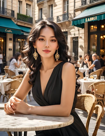 In a bustling, sunlit Parisian café, a captivating woman named K1MCW, with long black hair cascading down her shoulders and a touch of short curls framing her face, sits alone at an outdoor table. Her eyes meet the viewer's gaze, a hint of mystery in them as she subtly adjusts a pair of elegant diamond earrings, her attire consisting of a chic black dress that accentuates her poise and sophistication. The background is filled with the vibrant colors of blooming flowers, French architecture, and the lively chatter of patrons, all bathed in the warm golden light of mid-afternoon. The camera angle subtly elevates from the tabletop to capture her enigmatic expression, inviting the viewer into a brief moment of shared intimacy amidst the bustling cityscape.