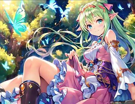 <lora:pony_xl_Cecile:0.8>,Cecile,score_9,score_8_up,score_7_up,source_anime,1girl,solo,looking at viewer,blush,smile,:d,bare shoulders,white dress,Glowing Dresses,detached sleeves,thin pink skirt,ruffles,nature,fantastic,lens_flare,hair fluttering in the wind,hair_flaps,from_side,from_below,night,deep dark night,starry_sky,Shining Stars,luminescence butterfly,moonlight writing,sitting_in_tree,