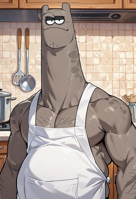 masterpiece, best quality, amazing quality, very aesthetic, absurdres, newest,  high quality, detailed, Shnitzel, mature male, black eyes, chubby, muscle gut, grayish brown body, muscular male, cartoon style, anthro, bottom heavy, white apron, looking at viewer, bust shot, kitchen, high quality, half body