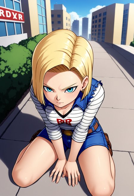 <lora:Hyper-SDXL-8steps-lora:1> <lora:Fixhands_anime_bdsqlsz_V1:1> zPDXL2, score_9, score_8_up, score_7_up, source_anime, intricate details, perfect anatomy BREAK
1girl, android 18, (dragon ball:0.8), blonde hair, medium hair, blue eyes, denim shorts, 
dynamic angle, hands between legs, Curious, Chin tilted up slightly, eyes wide open, and a slight smile.,, 
outdoors, city, tokyo, japan, 
<lora:artist-c01_XL(pony)v10:1>