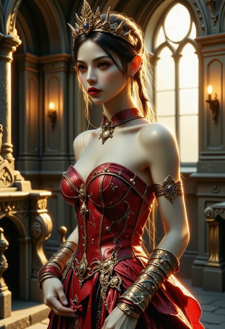 A masterpiece of (Queen) style created by the collaboration of Hajime Sorayama and Edmund Dulac.,HD32K,hyperdetailed,best quality,
"ArsMovieStill, 80s Fantasy Movie Still, a masterpiece combining Hajime Sorayama and Edmund Dulac’s styles. HD32K, hyperdetailed, best quality. Full body shot, straight-on angle, with an emphasis on light and texture contrast (1.2), sharp luminous streaks (1.1), and highlighted facial contours (1.1). Captured on Sony α7R IV, 1/320s, f/2.8, ISO 400. In an intimate, cinematic portrait, a radiant light elf queen wearing beautiful crown, stands gracefully in a royal chamber. Her golden, braided hair cascades over a deep red gown displayed on a mannequin, blending aristocratic elegance and intricate craftsmanship. The bodice is adorned with swirling metallic embroidery and ornate patterns, forming a corset-style waist, leading to a voluminous, layered skirt with cascading ruffles. Shimmering floral motifs with sparkling gemstones highlight the hem and bodice. The background reveals a mythical city of stone architecture, creating a Hollywood-inspired scene with dramatic lighting that emphasizes her ethereal beauty and enchanting setting."