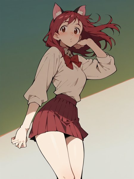 score_9, score_8_up, score_7_up, score_6_up, score_5_up,  <lora:FLCLXLP:1> flcl, brown eyes, red hair, 1girl,  cat ears, skirt, curvy