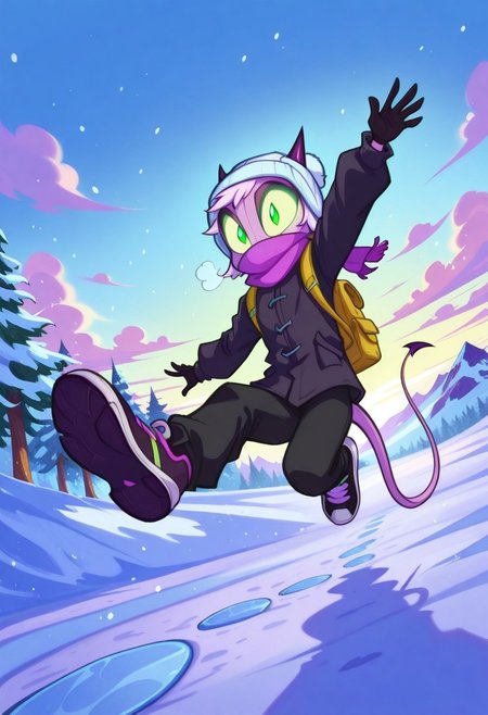 Dreamkeepers,1girl,Prelude_Namah,solo,demon tail, green eyes, horns, 
child,
sky, shoes, solo focus, day, black gloves, pants, cloud, bag, scarf, black footwear,  arm up, tree, blue sky, coat, black jacket, dutch angle, white headwear, black pants, from below, backpack, helmet, cloudy sky, outstretched arms, outstretched arm, sneakers, nature, breath, scenery, snow, puffy long sleeves, forest, ice, black coat, jumping, snowing, mountain, beanie, covered mouth, winter clothes, flag, winter, shoe soles, bare tree, winter coat, snowman, footprints, pine tree,