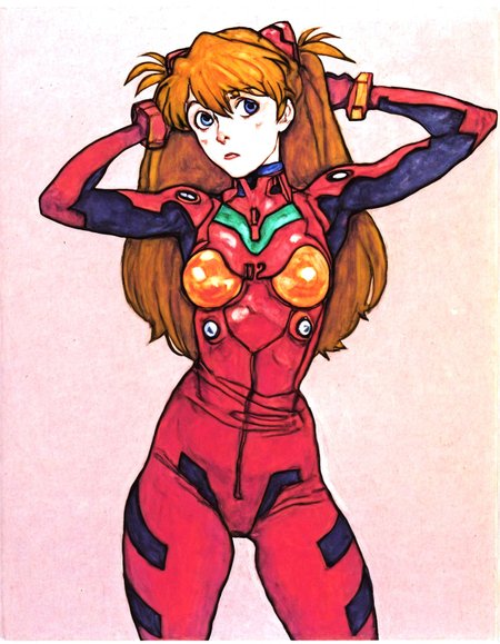 traditional media, painting (medium), Gaouch \(medium\), 1girl,solo, (souryuu asuka langley,:0.8) bodysuit,