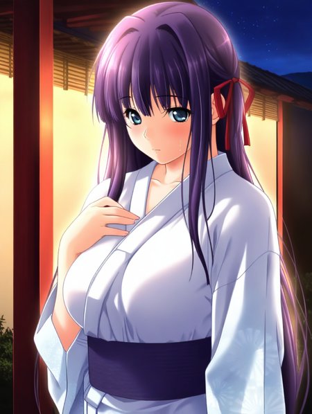 (masterpiece,best quality,ultra_detailed,highres,absurdres:1.2,amazing quality,very aesthetic),<lora:Serina_ilxl_v1-000010:0.8>,1girl,solo,long hair,japanese clothes,kimono,yukata,ribbon,purple hair,hair ribbon,very long hair,white kimono,long sleeves,breasts,blue eyes,serina,standing,looking at viewer,upper body,