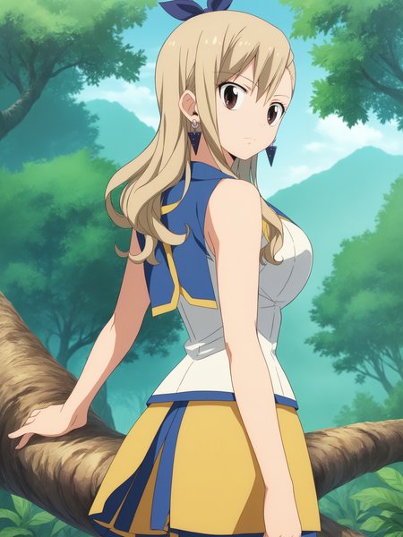 score_9, score_8_up, score_7_up, score_6_up, score_5_up, source_anime, smooth_anime,
Lucy_Heartfilia, 1girl, solo, brown_eyes, blonde_hair, ribbon, hair_ribbon, looking_at_viewer, long_hair, outdoors, jewelry, earrings, breasts, looking_back, sleeveless, blue_ribbon, skirt, shirt, tree, large_breasts, sleeveless_shirt, blue_skirt, long_skirt, day
 <lora:Edens_Zero:1>