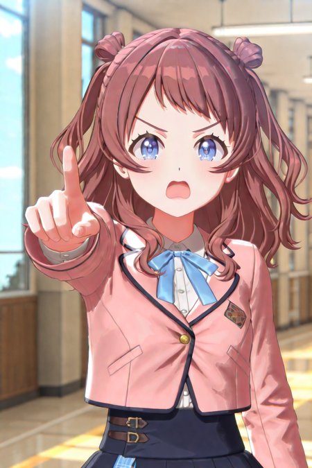 shiny skin, posing, 
<lora:gaku3d.il:1.0>,
gaku3d,
saki, 
pointing viewer, frown, open mouth, looking at viewer,