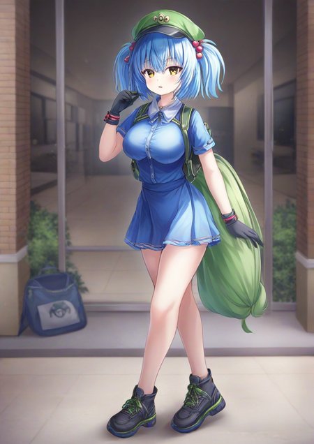 1girl, kawashiro nitori, furry female, backpack, bag, black footwear, black gloves, blue hair, blue shirt, blue skirt, breasts, flat cap, full body, gloves, green hat, hair between eyes, hair bobbles, hair ornament, hat, large breasts, looking at viewer, shirt, short hair, skirt, solo, two side up,PDXL3 <lora:Bnari:1>
