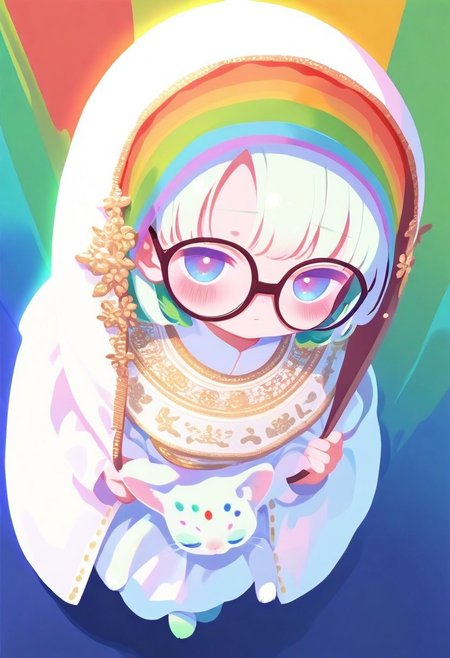 masterpiece, best quality, good quality, very awa, very aesthetic, absurdres, newest, (Perfect details),(****), 1girl, solo, green hair, shy, glasses, ornate clothing, holding cat, (face focus, cat focus):2, full body, foreshortening, perspective, dynamic angle, rainbow fur, white hair, solid color background, haiz_ai, no lineart,no outline