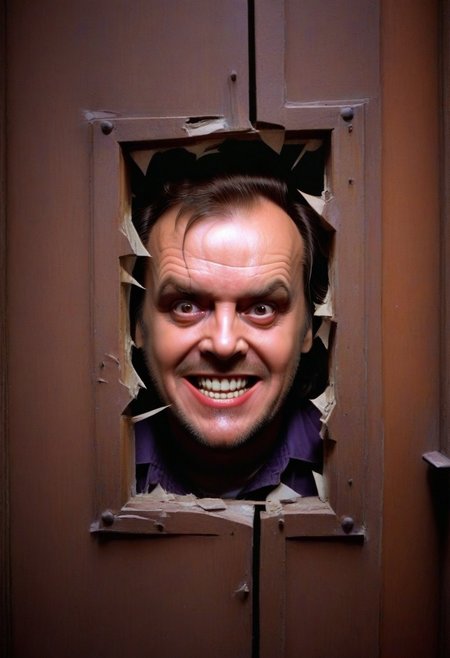 "here's johnny" text logo, looking through a broken door with a creepy smile, upclose Jack Torrance, 80s