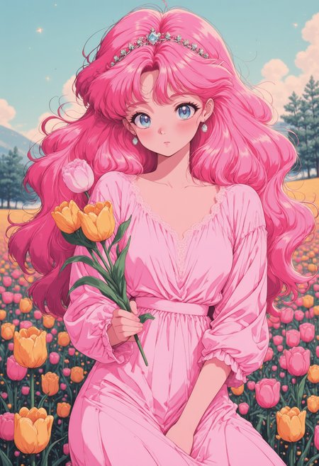 pinkretroanime, Depict spring illustrations with a soft color palette. A girl with long pink hair is very cute, princess dress, pink bow tiara, diamond necklace, earrings. With a dreamy look. She held a bunch of tulips in her hand. In the background is a colorful tulip field, and the soft, warm sun shines through the clouds. Shot up close, it gives a feeling of harmony and unity with spring nature.