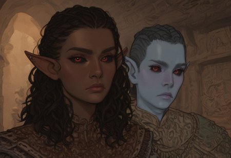 safe_pos, solo, short pointy ears, piercings, random elf face, aquiline features, dark elf, medium dark skin, weathered skin, large nose, animated realism, zoomed out, Syrian features, torso, brass pipes and gears, intricate architecture, dwarven masonry, dwemer fixtures, white-green light, gloomy lighting, ancient ruins, interior, stone tiled floor, grey-blue skin, mahogany and ivory clothes, medium armor, bone plate armor, ivory straps and fittings, grey wood neckguard, dark red sclera, black pupils, distant mushroom forest, blue-green light, neon, highly detailed, defined features, looking at viewer, three quarters view, from front, dynamic lighting, 36 years old, light and shadows, patterned cloth, annoyed expression, expressive eyes, detailed medieval clothes, medium_breasts, cropped hair, wavy hair, thick hair, beaded hair, braided hair, under cut hair, semirealistic, alien elf, spanish features, jewish features, black hair, dark red hair, umber skin, sharp features, pastel green berber print cloak, nighttime, high detail, absurdres, pretty eyes, detailed eyes, red eyes,