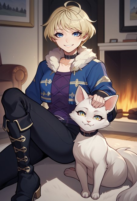 score_9, score_8_up, score_7_up, BREAK 1girl, holding cat, smile, looking at you, petting, happy, <lora:MerrinFE-pdxl:1> casMerrin, short hair, ahoge, black choker, fur-trimmed jacket, cropped jacket, long sleeves, purple shirt, black pants, black knee boots, indoors, fireplace