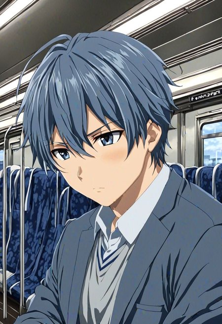high resolution, solo, best quality, 1Boy, Tomoya Okazaki, Grey Blue Hair, train, inside train, OverallDetail