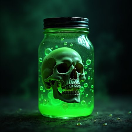 A jar filled with green poison, bubbles, a skull in the jar, label, necromantic glow, magic glow, photorealistic, best quality,