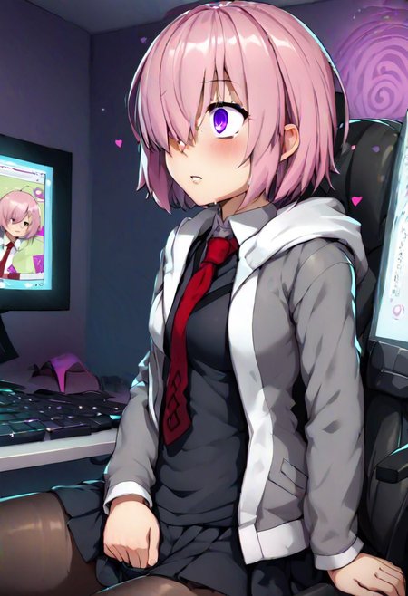 score_9, 4k,  highly detailed, anime style, Mash being brainwashed by a computer,
hypnosis, blank eyes, mind control, slack expression, computer screen, hypnotic screen saver, gaping at screen, wide eyes, drooling, chair, slumped in chair, looking at computer, arms slack, leaning back, solo, facing computer, side view, masturbating,
purple eyes, pink hair, short hair, hair over one eye
Mash_Def, glasses, short dress, black dress, black skirt, necktie, red necktie, wing collar, jacket, open jacket, hooded jacket, grey jacket, hood down, black pantyhose