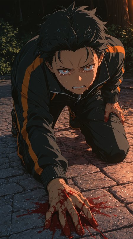masterpiece, best quality, (anime coloring:1.2),
solo, 1boy, natsuki subaru, black hair, spiked hair, loose hair strand, brown eyes, detailed eyes, track jacket, black jacket, (white trim), orange trim, track pants, black pants, orange trim, black sneakers, crying with eyes open, tears, bloody hands, blood on hands, blood, blood on floor, kneeling, feet together knees apart, hand on thigh, pained expression, clenched teeth, grimace, hands on ground, blood trail, cobblestone ground, outdoors, trees, plants, dramatic lighting, intense shadows, high detail, expressive, glowing tears, orange lighting, side lighting, rim lighting, emotional, looking at viewer