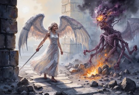 Watercolor painting of a, An angel in a glowing white robe, her wings made of shimmering light, steps through the ruined gates of a city under siege. Before her stands a monstrous abomination, its body twisted and deformed, with too many limbs and eyes scattered across its surface. In one hand, the angel holds a long, silver lance, which she thrusts into the creatureâs chest. The lance glows with a holy light, and the abomination screeches in agony, its body disintegrating into ash as the angel watches with cold, calculating eyes.