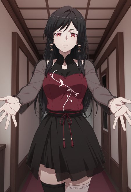1girl,solo,mm,mature female,black hair,long hair,bangs,red eyes,hair tubes,braid,anime coloring,
dress,long sleeves,black skirt,thighhighs,see-through sleeves,looking at viewer, smile,indoors,outstretched arms, 
,masterpiece,best quality,amazing quality,<lora:Aiyou_Xu-Aiyou_de_Mishi:0.8>