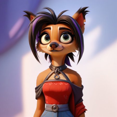 digital_media_(artwork) hi_res, score_9, score_8_up, score_7_up, score_6_up, score_5_up, score_4_up, rating_safe, beautiful, intricate, high quality details, highly detailed, amazing quality, anthro, furry, female, detailed textured fur, fur tufts, fluffy,  cute, cute face, small, detailed sexy eyes, solo, SFW, dingo, expressive, sassy, long sleeveless halter neck sweater, baggy denim pants, clothed slim, clothed slender, clothed skinny, multicolored hair, streaked hair, absurdres, highres, goth, heavy eyeliner, heavy eye shadow, breasts, fingerless gloves, sleeveless leather jacket, vivid colors, by zazush-una
