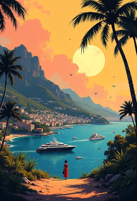 Vector Illustration, A sunny afternoon Monaco, colorful, vibrant glow