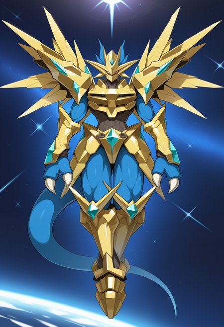 masterpiece,best quality,amazing quality, 1boy, solo, m4gn4X, digimon (creature), black sclera, red eyes, blue skin, helmet, gold chest armor, gold pauldrons, fingerless gauntlets, crotch plate, leg armor, armor footwear, red eyes, wings, gold armor, full body, space,