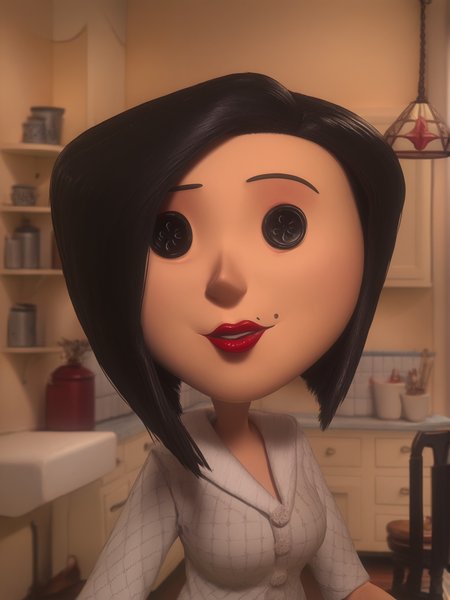 <lora:Other_Mother-Coraline:1>,otm,button eyes,1girl,black hair,mole,mole under mouth,lipstick,mature female,shirt,upper body,looking at viewer,indoors
