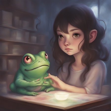 a mentally ill cute girl being brainwashed by a psychic toad demon. art by Range Murata and Artgerm.