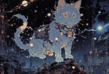 A whimsical celestial kitten floating gracefully in a sea of dark space, its ethereal form constructed entirely of glowing numerical digits. The kitten's body is a dynamic swirl of ones, twos, and threes, curling and looping to create a sense of soft, plush fur. Its eyes, twin orbs of zeroes, gleam with a playful intelligence, reflecting the distant stars scattered across the cosmic backdrop. A tail of alternating digits—fives and nines—waves behind it, trailing off into infinity. The creature's paws are delicately crafted from fours and sixes, with digits extending into tiny claws that appear ready to navigate the numerical cosmos. Suspended around its neck is a collar made of alternating eight and two figures, which, when combined, create an infinity symbol. As the kitten reaches out with its digit-laden paw, the viewer can almost feel the warmth of its touch. The background is a mesmerizing tapestry of galaxies, nebulae, and swirling cosmic dust, with the occasional numbered star twinkling in the vast expanse. The overall effect is one of playful curiosity and boundless potential, as this feline embodiment of numerical wonder explores the infinite realms of the universe.
<lora:Anime v1.3:1.2> <lora:Blue_Future:0.9> <lora:Ethereal_Brush_Anime_v1.0:0.6> <lora:It's a LoRA for portraits, BUT! actually specialized in backgrounds. v1.0:0.2>