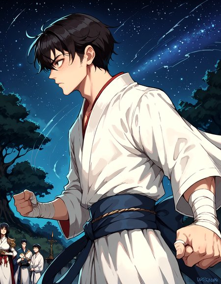 score_9, score_8_up, score_7_up, score_6_up, source_anime, masterpiece, detailed, refined, 1boys, teenager, freckles, fantasy, detailed background, (huge tree on the center of background), night sky, stars, white kimono, hand wrap, fighting stance, black hair, from side, looking to the left