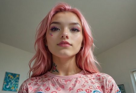 (aerial perspective), The image features a person with intricate asian face tattoos, wearing a brightly colored, patterned outfit, and accessorized with vibrant, multi-colored jewelry. The overall color scheme is dominated by shades of pink and blue, giving it a striking and artistic appearance,