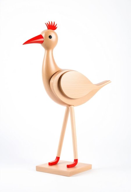(expert craftsmanship:1.8), (high resolution, product photography, photo studio background:1.2), (modern wooden toy animal, avian creature:1.8), (fine wood, realistic wood material:1.5), (simple form, abstract form, multiple parts:1.9), (finely crafted parts, simple shape, elegant shape, ambiguous shape, stout shape, innocent shape:1.4), (comfortable, playful, friendly:1.5), (tall, lanky, whimsical:1.7), (Bauhaus Design aesthetic:1.7)