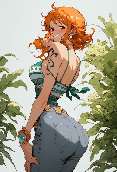 ,score_9, score_8_up, score_7_up, Expressiveh, (masterpiece), nami, low waist jeans,(blush, joyful, smile),  skinny, post timeskip nami, orange short hair, anime, one piece style, from the back, looking at camera, one feet up, one piece anatomy, huge ass, thight clothes, shiny skin, sexy, solo, beautiful face, perfect face, outside, standing up, oily skin, simple background, very detailled face, very detailled ass, fullbody, solo