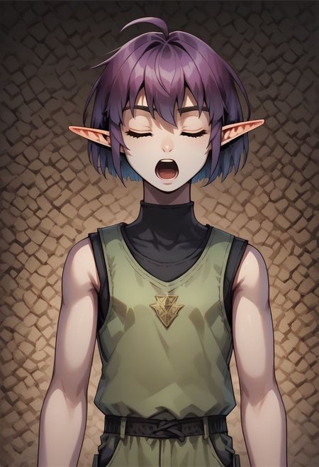 Lapanya, 1 person, solo, pointy ears, ((snout nose)), flat chest, small nostrils, short stature, skinny arms, ((closed eyes, singing, open mouth, dancing)), fair skin, ((dark lilac hair)), short hair, tomboy haircut, small nostrils, 3 fingers 1 thumb ((Sleeveless green vest, fitted black undershirt, black pantaloons, fully clothed)), dynamic view, 3/4 view
((Organic cavern background)), fully clothed, 
clean lines, up close, upper body focus, highly detailed face, detailed background, high quality, best quality,  score: 9, score: 8 up, rating: safe