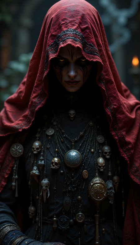A hauntingly lifelike, close-up photorealistic portrait of the Crone with the red veil from The Witcher series. This image captures the eerie and unsettling nature of this mysterious being with extraordinary detail and realism. The portrait focuses on the Crone's veiled face and upper body. The most striking feature is the deep crimson veil that covers her face entirely. The veil is made of a delicate, semi-transparent fabric that drapes gracefully, creating folds and shadows that hint at the grotesque features beneath without fully revealing them. Through the veil, one can barely make out the suggestion of sunken eye sockets and a misshapen nose. The fabric moves slightly, as if disturbed by the Crone's labored breathing, adding to the unsettling atmosphere. The edges of the veil are adorned with intricate, age-worn embroidery featuring arcane symbols and patterns. Small trinkets, bones, and feathers are woven into the hem, each rendered in exquisite detail. The Crone's body is draped in layers of tattered, dark robes made from various fabrics and animal hides. The textures of these materials are rendered with photorealistic precision, showing every thread, tear, and stain. Around her neck hang multiple necklaces made of bones, teeth, and strange talismans, each item telling a story of dark rituals and ancient magic. Her gnarled, claw-like hands, visible at the edges of the frame, clutch at these trinkets. The lighting in the portrait is dim and atmospheric, with a soft glow that seems to emanate from behind the veil, suggesting an otherworldly presence. Shadows play across the folds of the fabric and robes, enhancing the sense of mystery and dread. The background is blurred but hints at a swampy, misty environment typical of the Crone's domain. Every element of the portrait, from the intricate weave of the veil to the smallest detail on the talismans, is rendered with photorealistic precision, creating an image that is both captivating and deeply unsettling - a perfect representation of the enigmatic and terrifying Veiled Crone from The Witcher universe., <lora:Flux_sxz-Dark-Fantasy-v2.safetensors:0.5:0.5> <lora:Flux_FantasyWizardWitches.safetensors:0.5:0.5> <lora:Flux_FLUXpro1.1-V0.1.safetensors:0.5:0.5> <lora:Flux_Polyhedron_all_-000001.safetensors:0.15:0.15>
