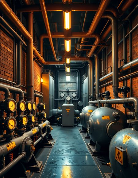 A highly detailed and realistic photograph of an industrial boiler room filled with large metal boilers, complex pipe systems, and pressure gauges. The room is dimly lit with a mix of warm yellow lighting from overhead industrial lamps and cool blue reflections from metallic surfaces. The air is slightly hazy with steam escaping from some of the pipes. The floor is made of reinforced concrete with visible stains from oil and water. Various control panels with blinking LED indicators and warning signs are mounted on the walls. The atmosphere is rugged and mechanical, evoking a sense of power and industrial efficiency. The depth of field is sharp, capturing intricate details such as rust on old pipes, the texture of the metal surfaces, and the labels on the control panels. The composition emphasizes symmetry, with pipes and machinery creating a structured, almost futuristic aesthetic. 
<lora:SDXLFaeTastic2400:0.4> <lora:extremely_detailed:0.4> extremely detailed,<lora:industrial_boiler_room:1>,industrial b01l3r r00m, Masterpiece,best quality,hi res,8k,hi res,8k,award winning,(sharp focus, intricate, highly detailed),
