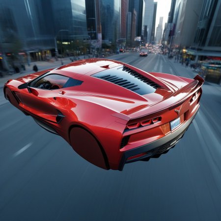 photo of red hover (2010's Chevrolet Corvette (C8) sports car), nowheels, science fiction, scifi, futuristic, futuristic city,  flying, soaring,