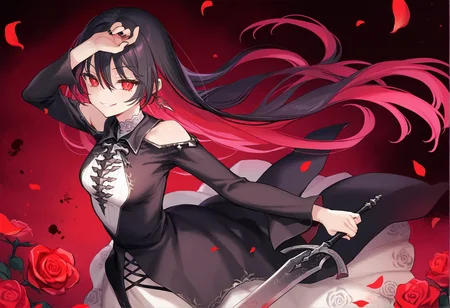 masterpiece,best quality,amazing quality,very aesthetic,high resolution,very awa,(ciloranko:1.3),(mignon:0.8),(navel(ohisashiburi):0.6),(bee \(deadflow\):0.8),<lora:kedamaaXLillokrV5311P:0.3>,1girl,solo,solo focus,(from_side:1.3),<lora:mir-000010:1>,mir_arc,1girl,solo,long hair,black hair,two-tone hair,red hair,red eyes,multicolored hair,hair between eyes,colored inner hair,bangs,single earring,long sleeves,black nails,fingernails,small_breasts,dress,black dress,gold trim,shoulder cutout,bare shoulders,floral print,white dress,clothing cutout,black belt,jewelry,sword,
crazy smile,holding sword,holding weapon,light_eyes,blood splatter,slit_pupils,looking at viewer,arm_above_head,blood,petals,red rose,flower,dancing,ballet,(floating_blood:1.3),mature,blood drop,claymore,