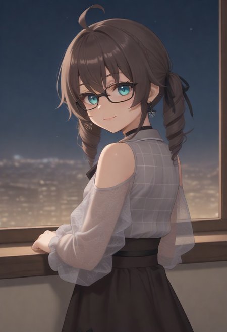 1girl, solo, solo focus, highres, absurdres, MatsuriMineGirl, brown hair, bangs, grey shirt, ahoge, twintails, black ribbon, black choker, hair between eyes, hair ribbon, brown skirt, shoulder cutout, collared shirt, flower earrings, black bowtie, blue eyes, white jacket, see-through sleeves, lace sleeves, plaid shirt, high-waist skirt, puffy short sleeves, medium hair, open jacket, small breasts, long sleeves, drill hair, black-framed eyewear, braid,
looking at viewer, evil smile, closed mouth, head tilt, from behind, looking back,
indoor, cityscape, neon lights, window, dark, night, night sky, 
light particles, backlighting, shade, light rays, lens flare, shiny skin, fine fabric emphasis,
