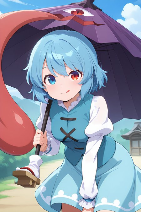 absurdres, highres, masterpiece, best quality, amazing quality, official anime artwork, screencap, anime screencap, outdoors, looking at viewer, light smile, dynamic pose,
 <lora:Kogasa-Tatara_Illustrious:1> tatara kogasa, 1girl, solo, heterochromia, red eyes, blue eyes, blue hair, short hair,, white shirt, long sleeves, juliet sleeves, blue vest, blue skirt, holding umbrella, karakasa obake, :q, tongue out,