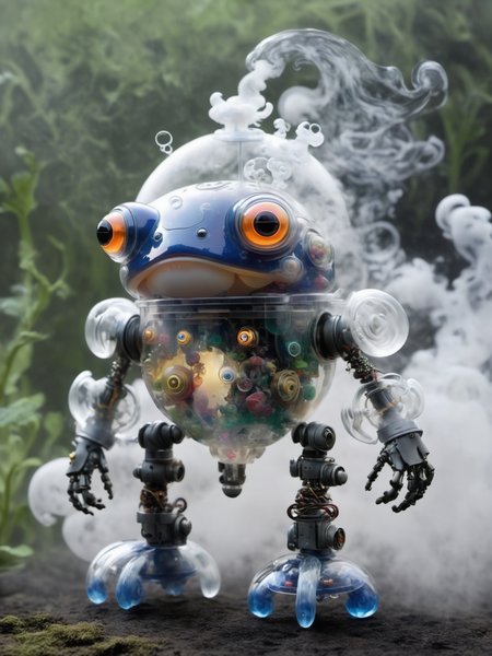 a toad robot made from clear plastic parts and filled with figures made of swirling mist , <lora:SDHK-XL:1>