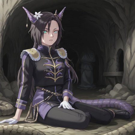 Naruto_Manda, (hybrid snake human), female, purple religious tunic, sleeves, hood, scaly skin, (scales:2), green eyes, reptile eyes, inside cave, human bones on floor, jewelry, holding human skull, airshakurprime, low wings, horse tail, sharp teeth, horse ears, ear ornament, single ear cover, horns, heterochromia, purple eyes, yellow eyes, black jacket, epaulettes, aiguillette, long sleeves, white gloves, black pants, eyebrow piercing, ear piercing