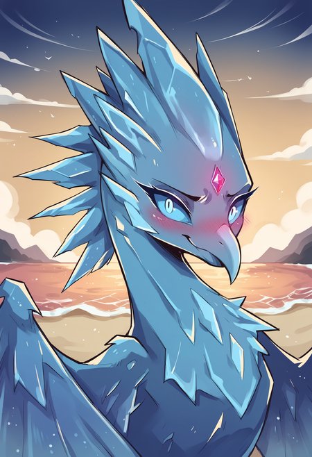 score_9, score_8_up, score_7_up, score_6_up, score_5_up, score_4_up, 1girl, <lora:Anivia:0.85> solo, no humans, bird, colored skin, blue skin, ice, wings, feral, smile, looking at viewer, upper body, forehead gem, blue eyes, colored sclera, blue sclera, glowing eyes, blush, embarrassed, 
beach, ocean,