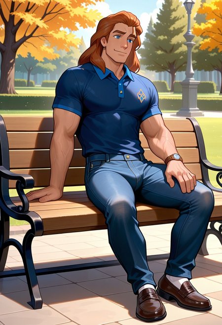 masterpiece,best quality,amazing quality,very aesthetic,absurdres,newest, huge filesize, Prince_Adam_BTB, 1man male focus, solo, auburn hair, blue eyes, lean and athletic, mature,  long hair, strong, long legs, tall, manly, masculine, classy, artistic, relaxed look, small smile, park, sitting on a park bench, Polo shirt,  loafers, dark denim jeans, wristwatch
