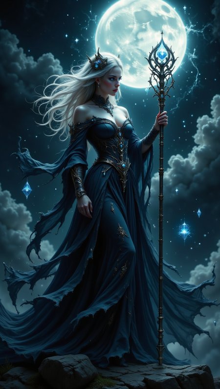 pinkdarkfantasy,
A woman with pale skin and silver hair, wearing a flowing midnight blue dress, standing under a full moon, holding a crescent-shaped staff, glowing runes floating around her.