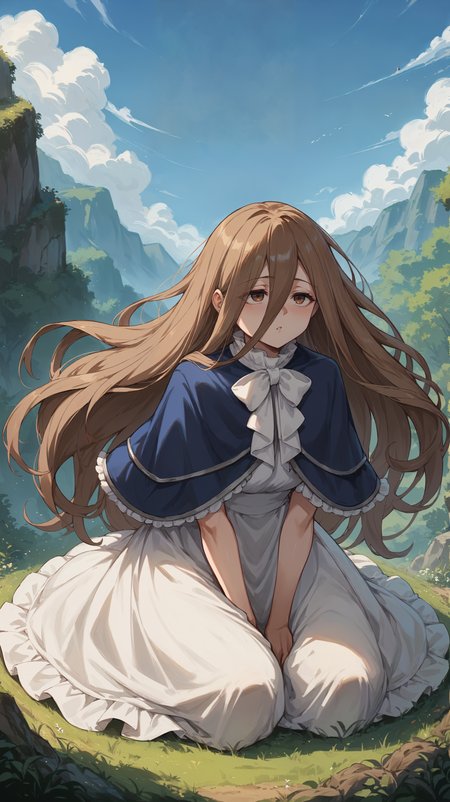 score_9,score_8_up,score_7_up,score_6_up, <lora:xl_more_art-full_v1:0.5>, source_anime, girl, dynamic pose, fetal position, <lora:Sense - Pony-000004:0.8>, long hair, brown hair, messy hair, hair between eyes, extra long hair, brown eyes, white bow, blue capelet, white dress, nature, rolling hills,