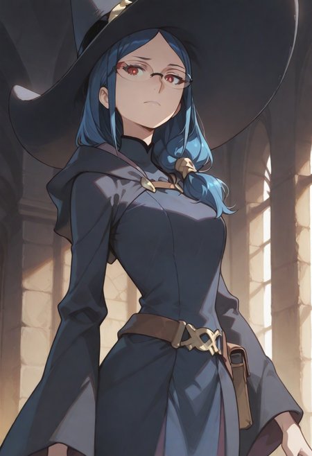 masterpiece, perfect face, beautiful face,1girl, LWAursula, ursula callistis, blue hair, long hair, side ponytail, red eyes, glasses or opaque glasses, witch hat, witch, wide sleeves, dress,