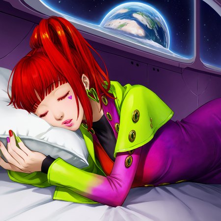 best quality, masterpiece, official artwork, (realistic:0.3), 1girl, solo, sq,  red hair, jewelry, earrings, purple eyes, lips, nail polish, makeup, long hair, ponytail, jacket, dress, spaceship room background, sleeping on bed