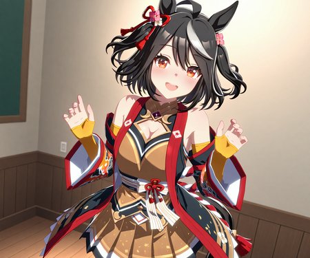 masterpiece, best quality, amazing quality, , 1girl, solo, looking at viewer,  smile, open mouth,  <lora:Kitasan Black in game style 3D:1> ummsmingame, 3d, kitasan black \(umamusume\)
